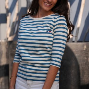 T-shirt manches trois quarts CLARA ECRU PETROLE