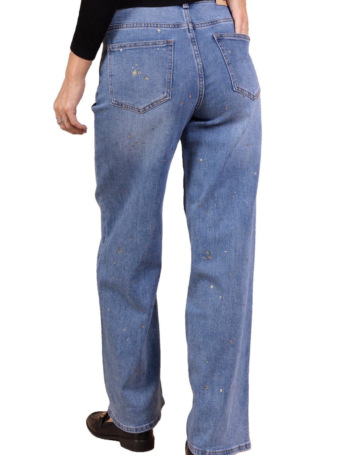 Jean Large Bleu ciel profond à Paillettes – Élégance Lumineuse & Confort Absolu