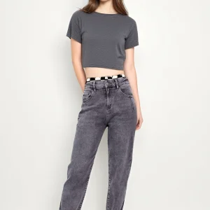 Jean Mom Gris Délavé à Taille Élastique L’Allié Casual Chic