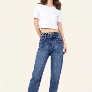 Jean Mom Denim avec Taille Élastique à Bande Logo