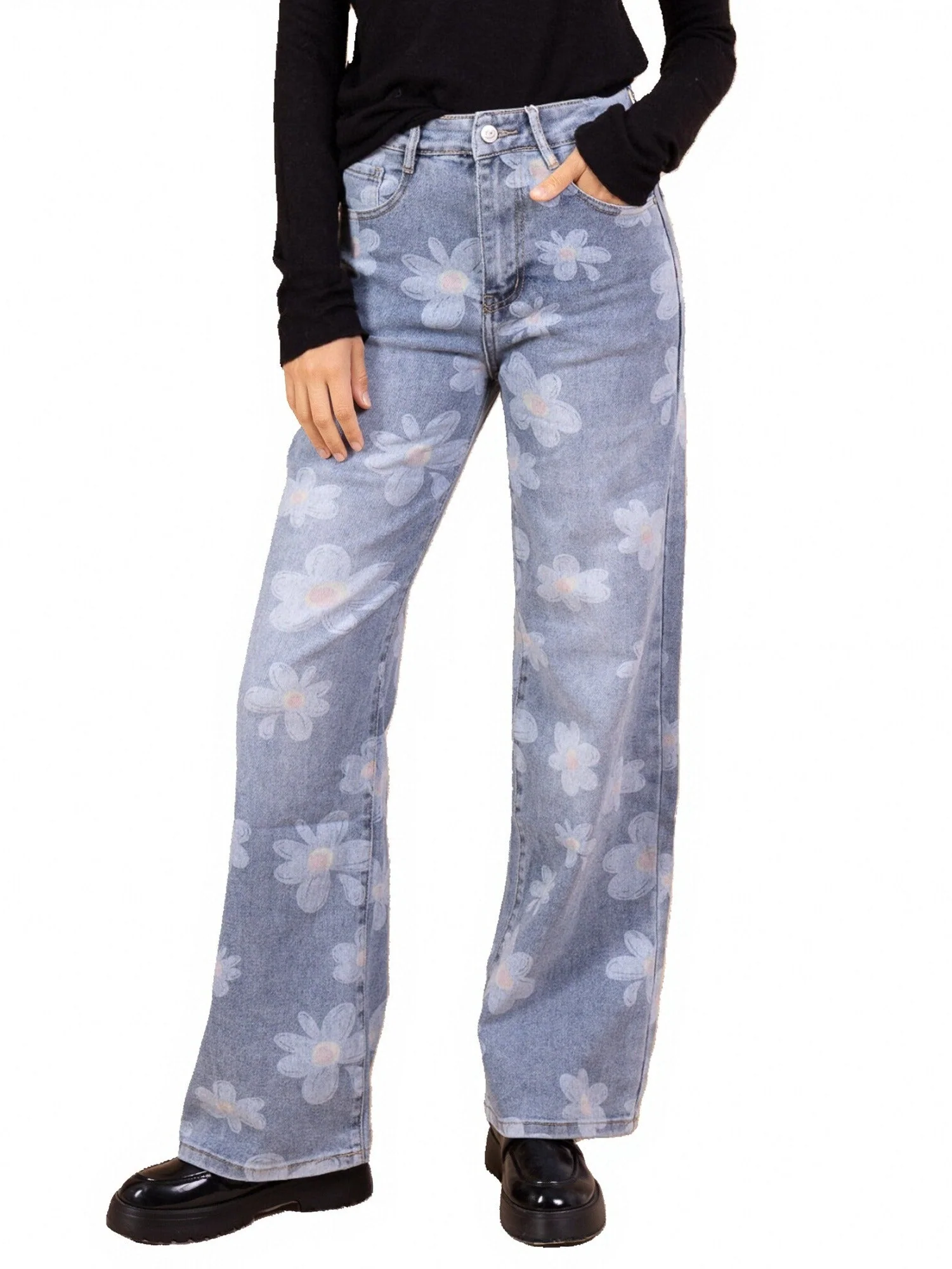 Jean Large à Imprimé Fleurs XXL – L’Essence du Denim Bohème Chic