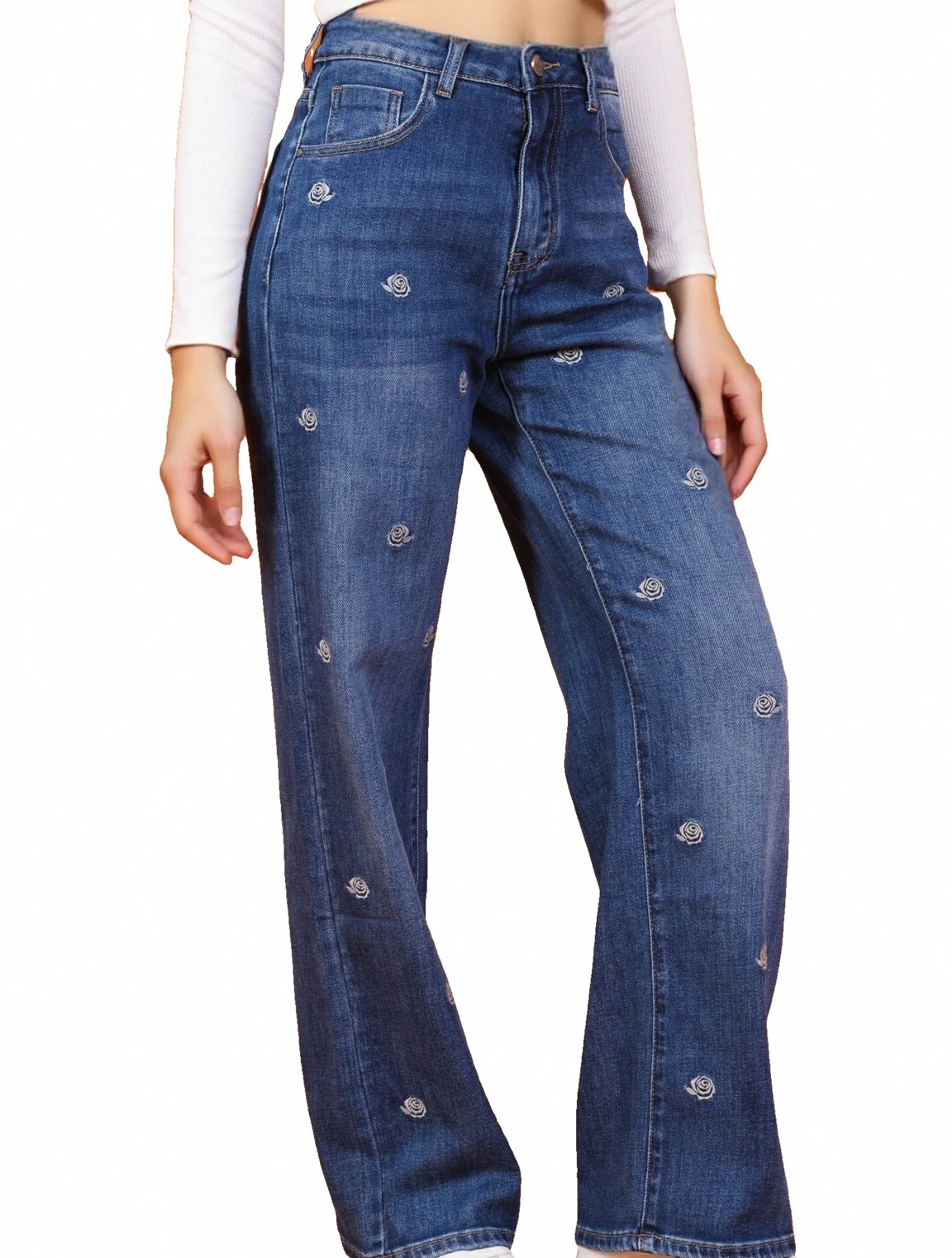 Jean Large Brodé Petit Rose – Élégance Décontractée