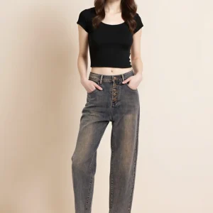 Jean Mom Boutonné – Bleu Vintage Patiné  Casual & Élégant