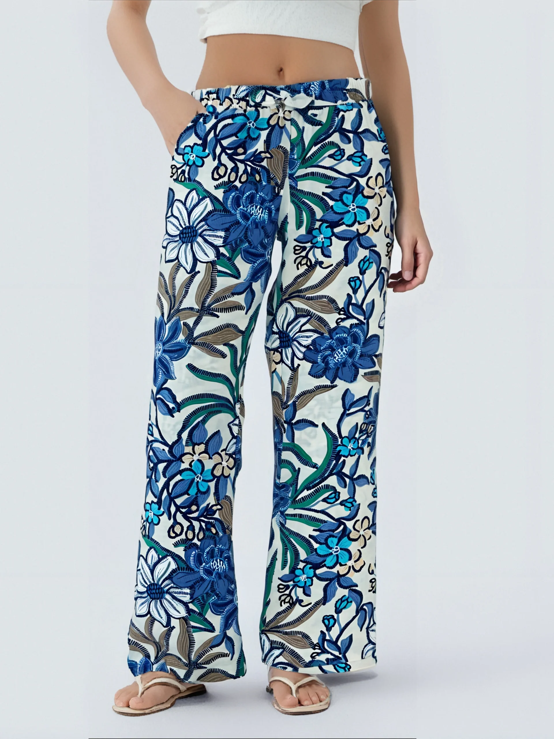 Pantalon Fluide à Motif Tropical