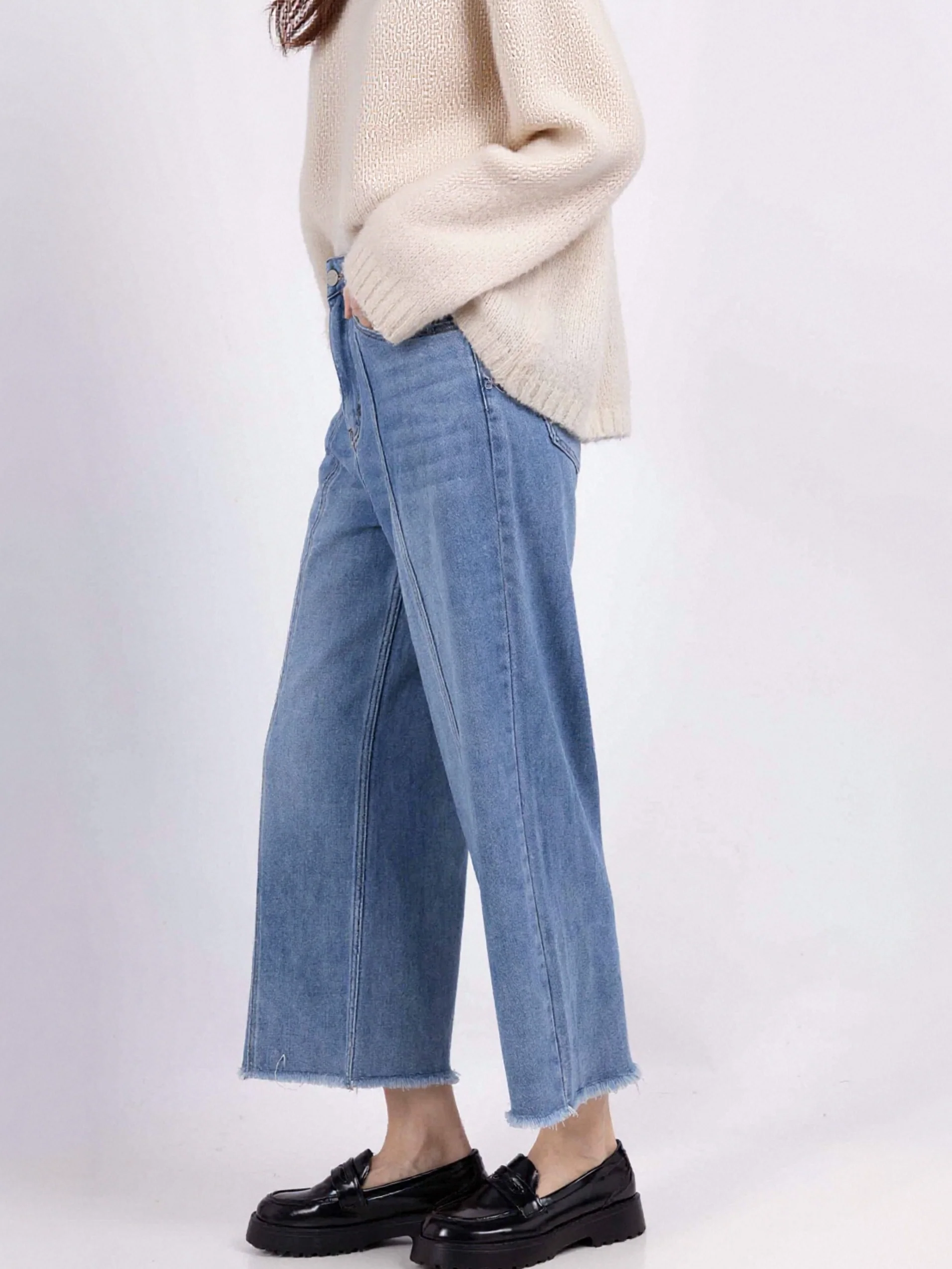 Jean Wide legs 7/8 taille haute ourlet effiloché