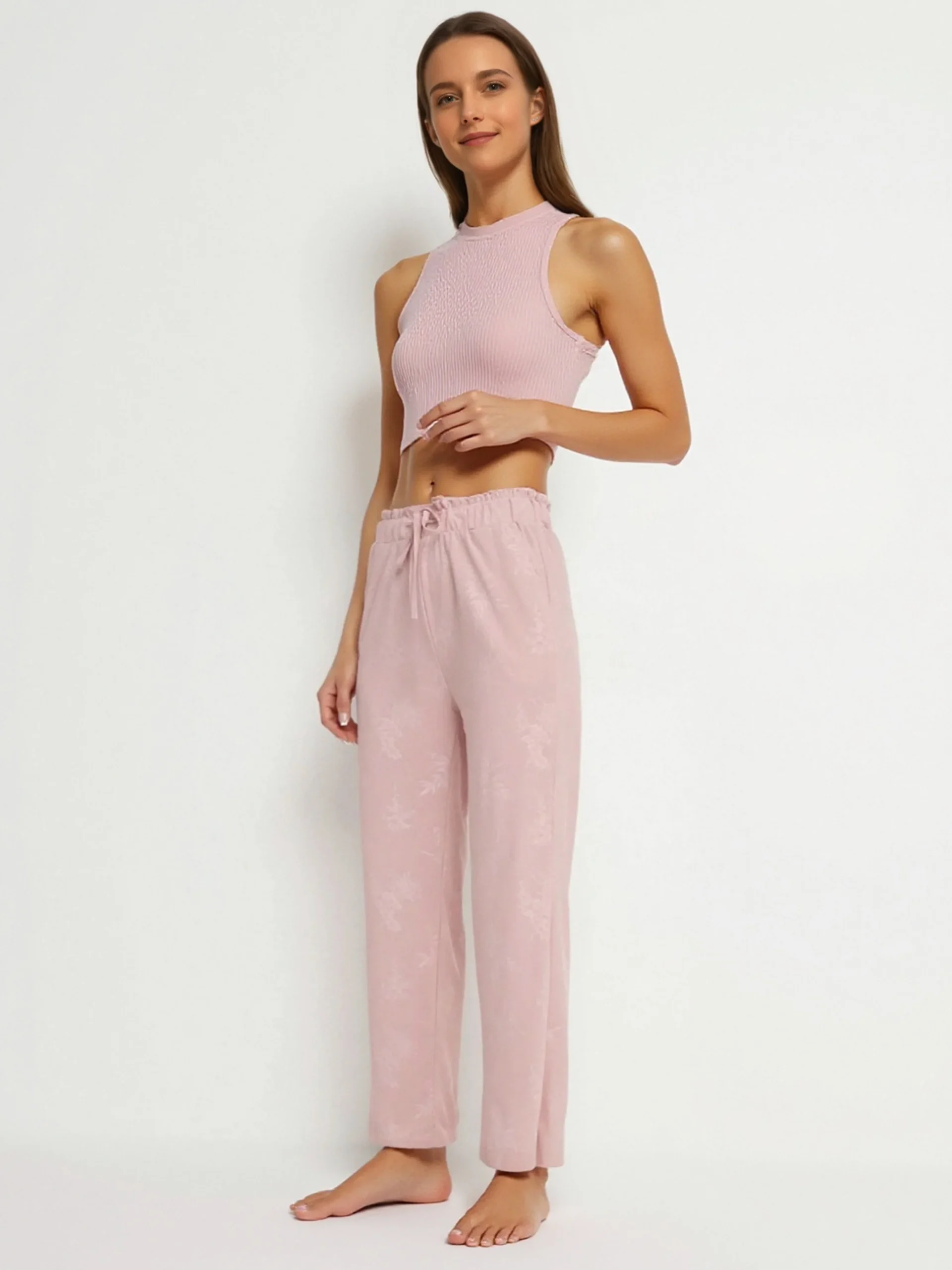 Pantalon droit en tissu doux imprimé ton sur ton