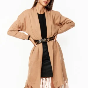 Gilet mi long col châle avec franges Noir