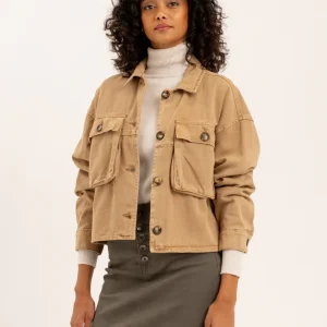 Veste courte en jean taupe avec fermeture boutons