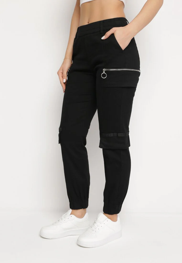 Pantalon de cargo noir en coton avec taille élastique – Image 4