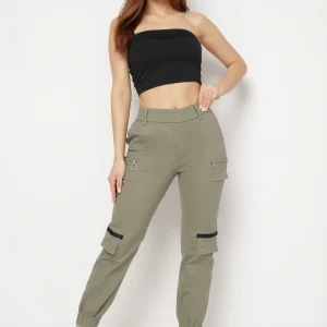 Pantalon de cargo kaki en coton avec taille élastique