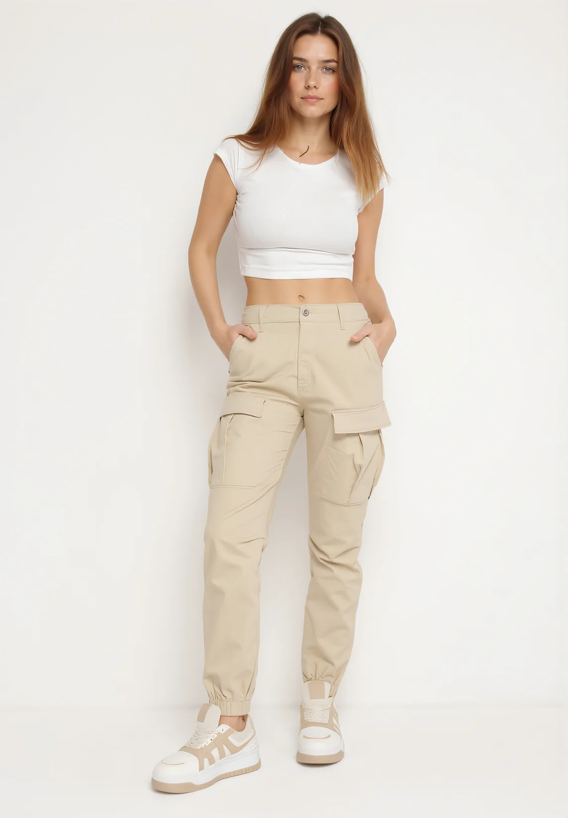 Jogging cargo en coton beige avec taille élastique