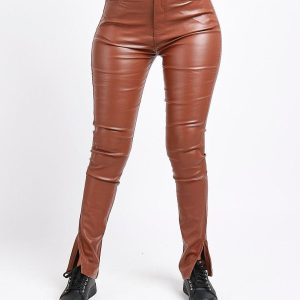 Pantalon simili cuir marron à fentes