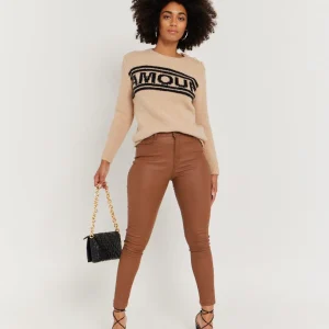 Pantalon skinny en toile enduite camel