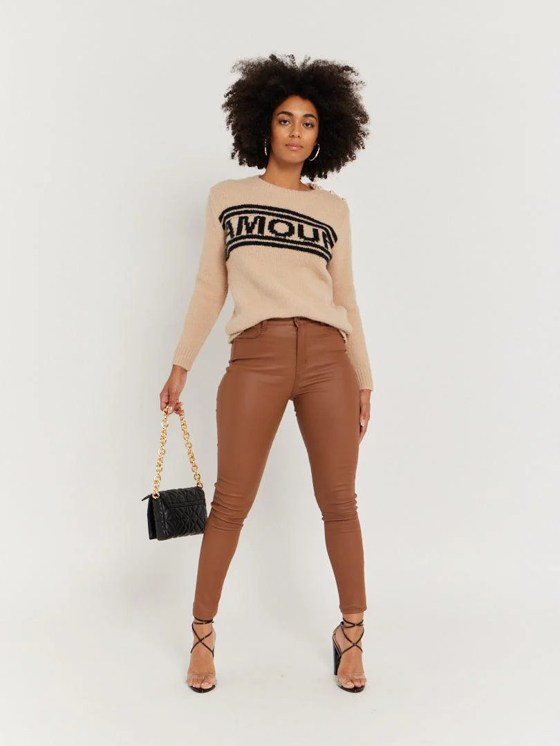 Pantalon skinny en toile enduite camel