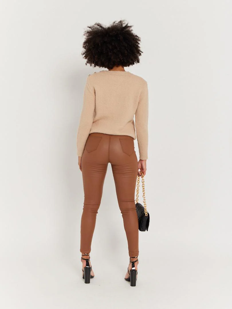Pantalon skinny en toile enduite camel