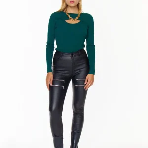 Pantalon moulant en simili cuir avec fermetures éclair
