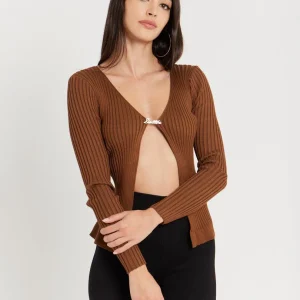 Gilet maille fine fermeture broche Beige sable