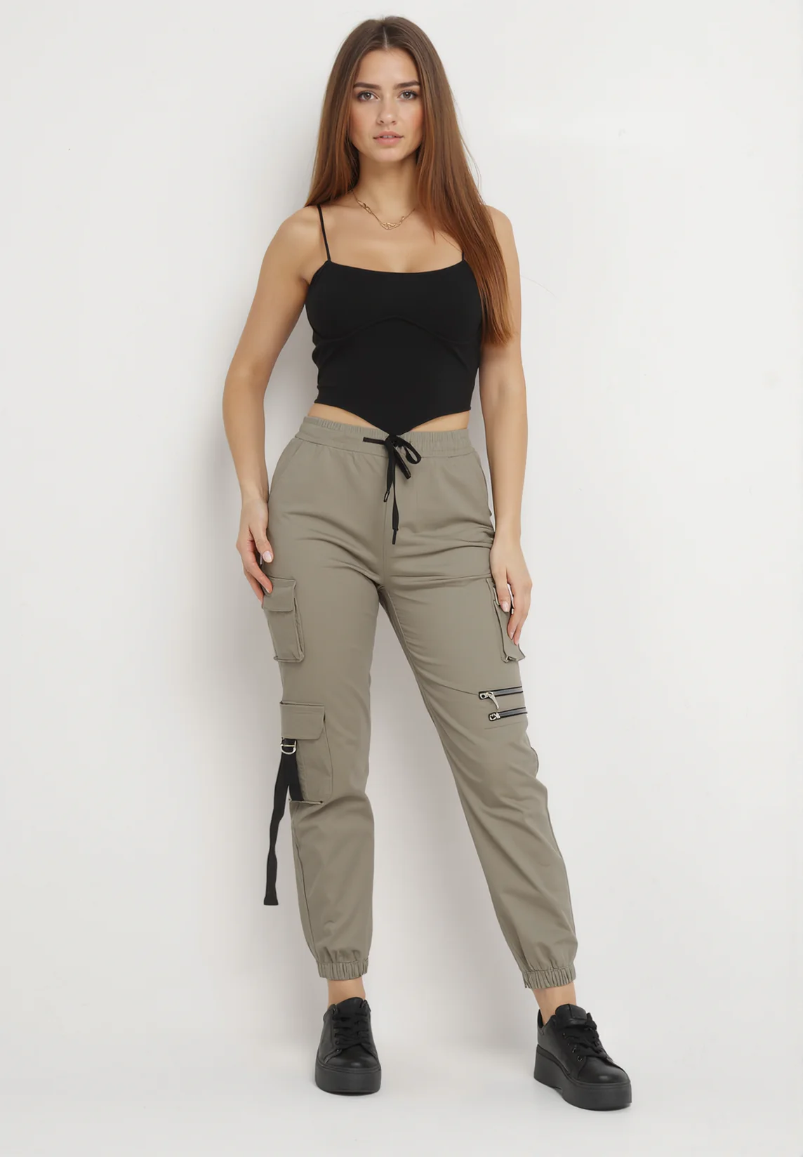 Pantalon cargo taille haute vert