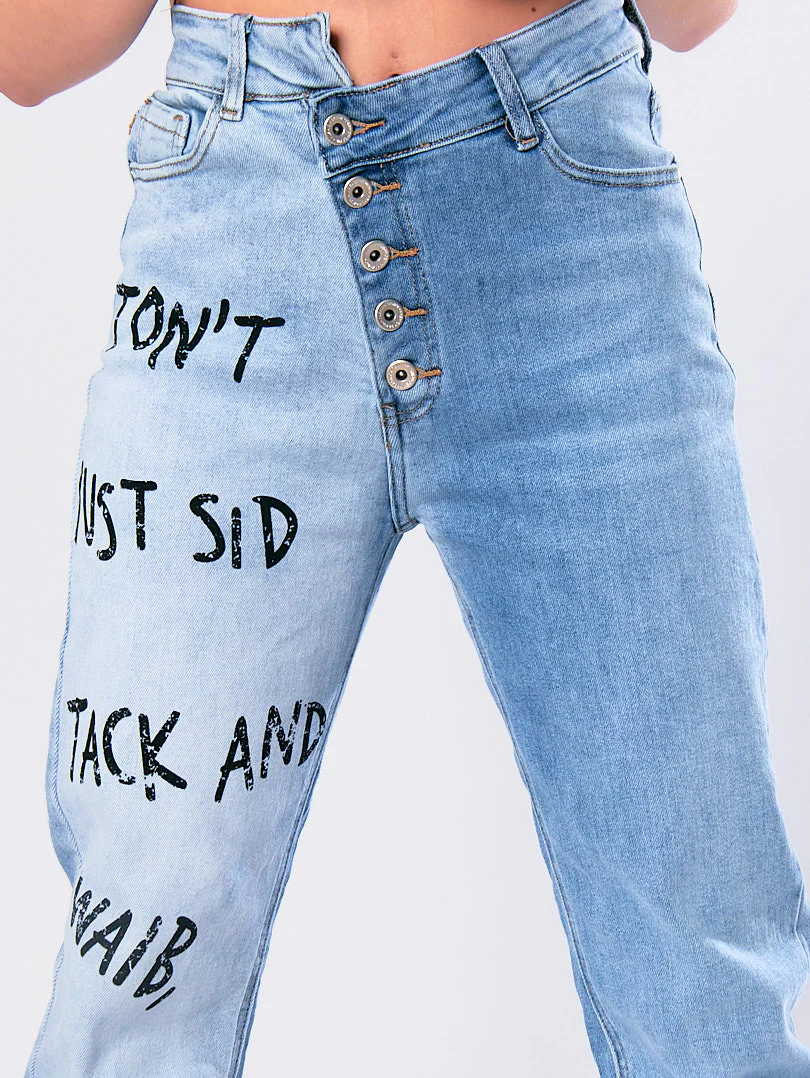 Jean taille haute bicolore avec imprimé slogan