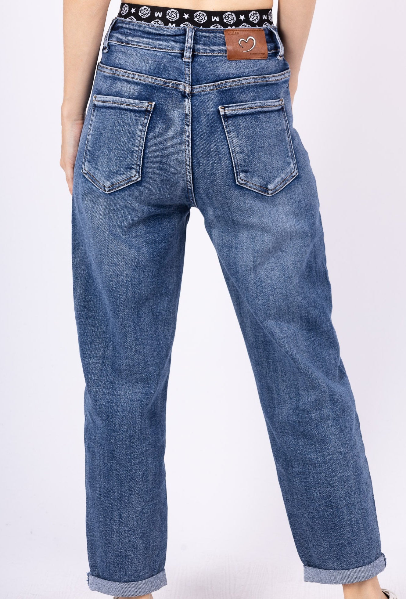 Jean Mom Denim avec Taille Élastique à Bande Logo