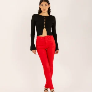 Pantalon skinny rouge taille haute à bouton effet cuir