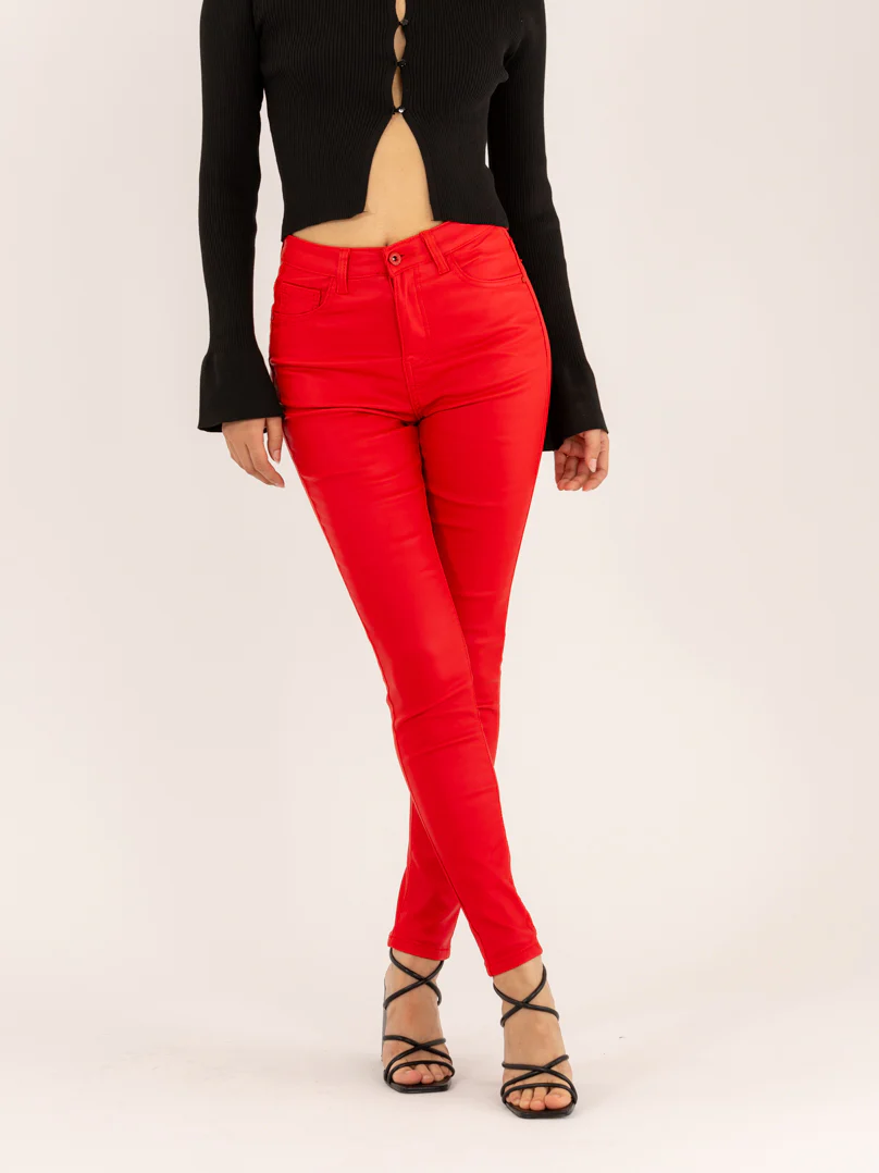 Pantalon skinny rouge taille haute à bouton effet cuir