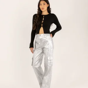 Pantalon cargo argenté métallisé poche à rabat
