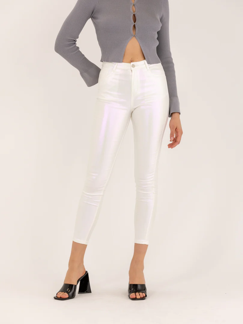 Jean skinny blanc métallisé effet brillant