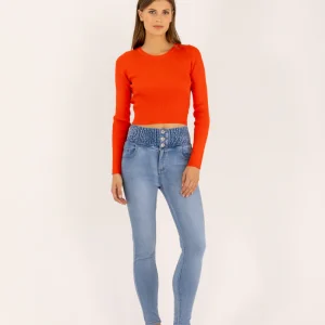 Jean taille haute élastiques bleu délavé
