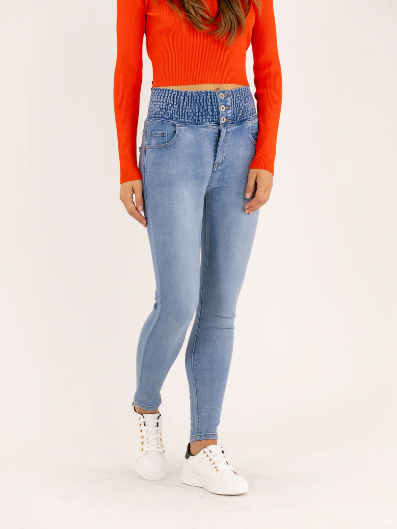Jean taille haute élastiques bleu délavé