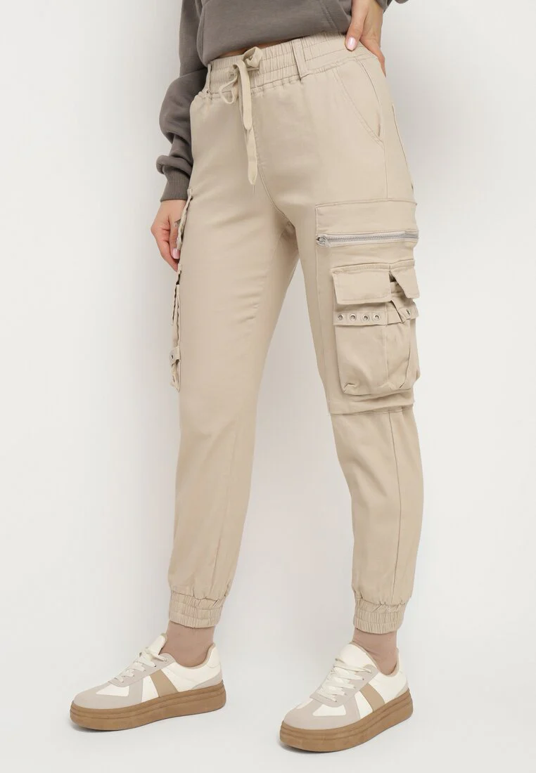 Pantalon cargo beige avec taille élastique multi poches – Image 3