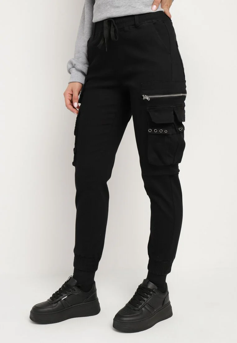 Pantalon cargo noir avec taille élastique multi poches – Image 3