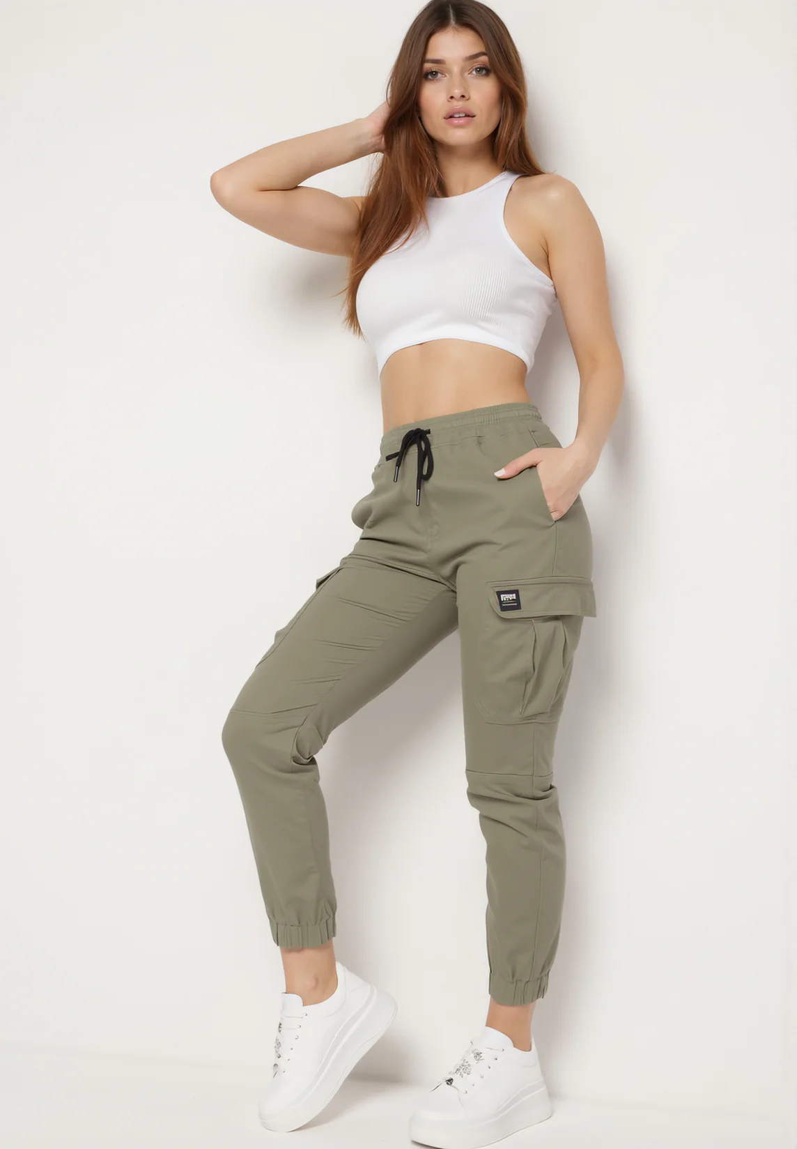 Pantalon de combat en coton kaki avec cordon de serrage
