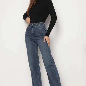 Jean coupe large bleu marine en coton et taille haute