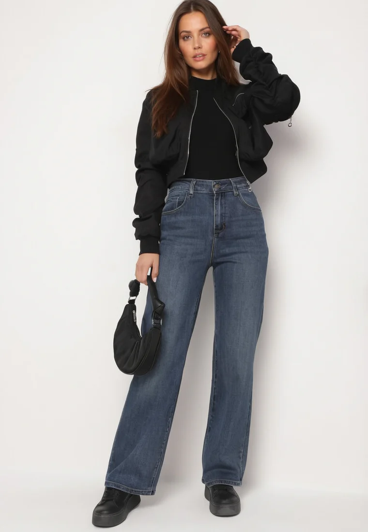 Jean coupe large bleu marine en coton et taille haute