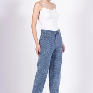 Jean Large Taille Haute avec Strass Style Rétro