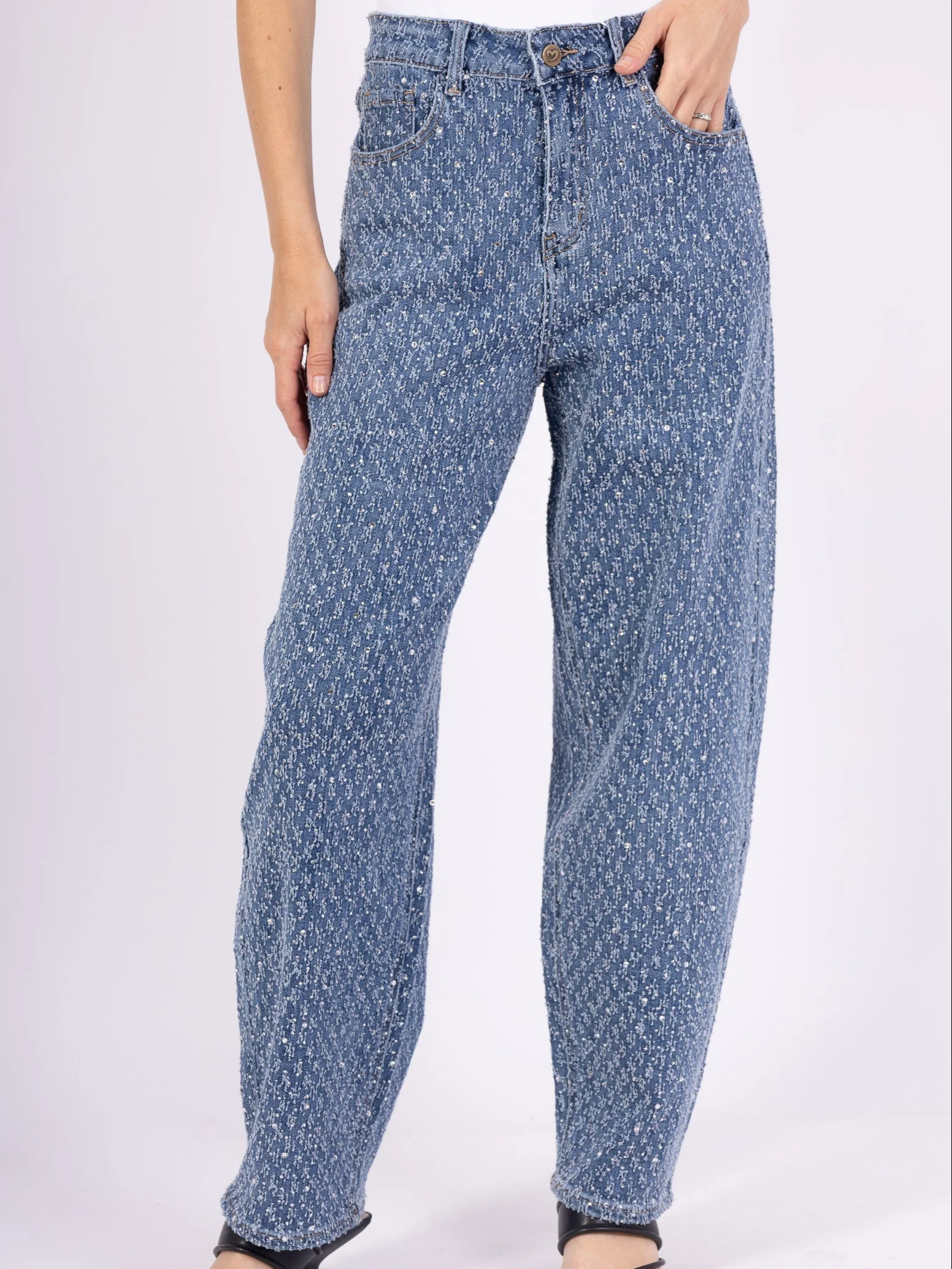 Jean Large Taille Haute avec Strass Style Rétro