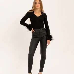 Pantalon skinny noir taille haute à bouton effet cuir