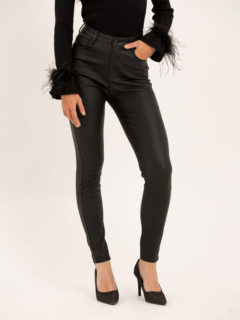 Pantalon skinny noir taille haute à bouton effet cuir