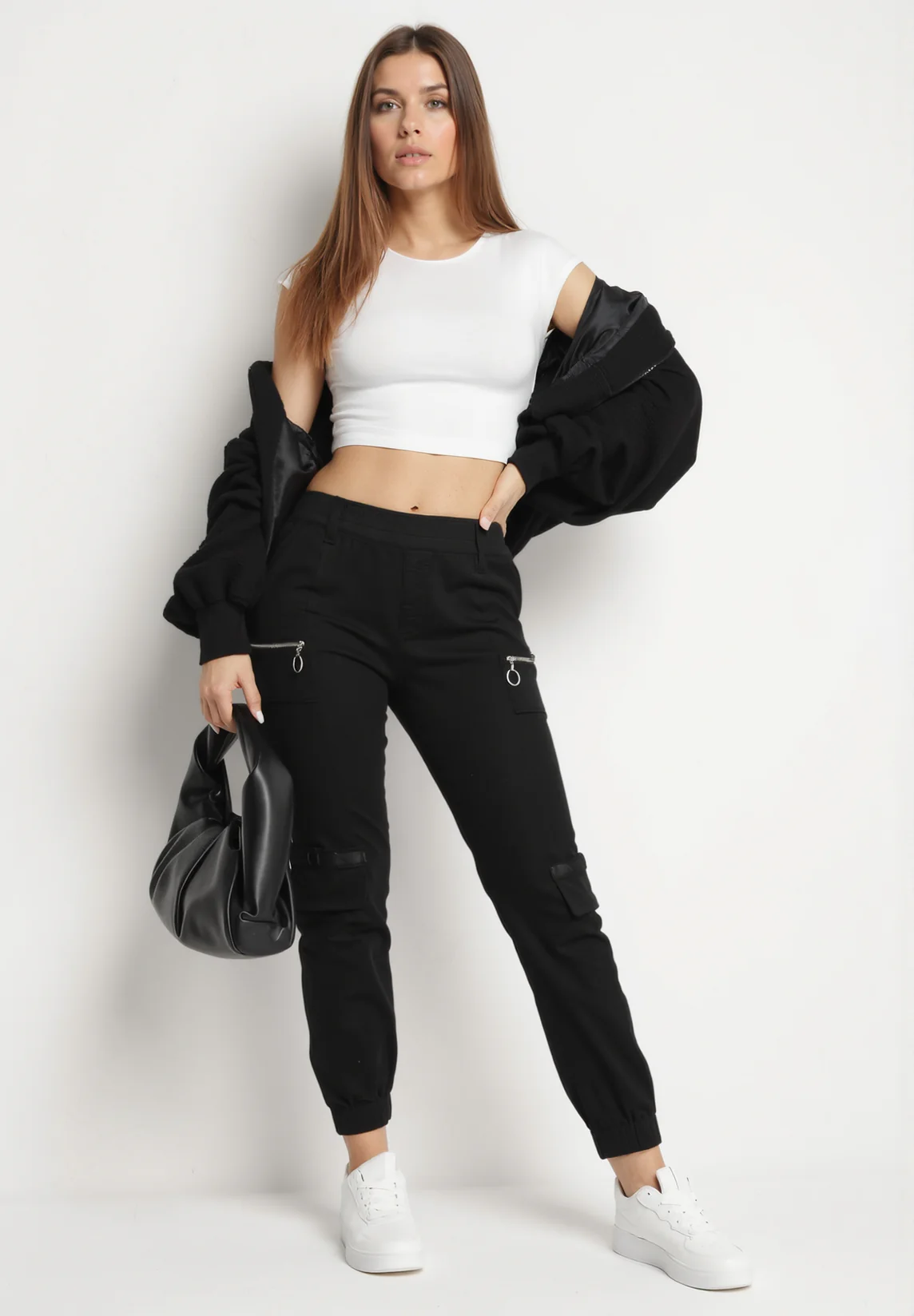 Pantalon de cargo noir en coton avec taille élastique