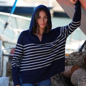 Pull 100% Laine femme ASSIA HOOD MARINE ECRU