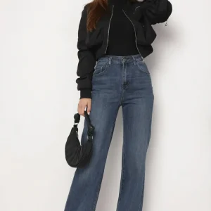 Jean coupe large bleu en coton et taille haute
