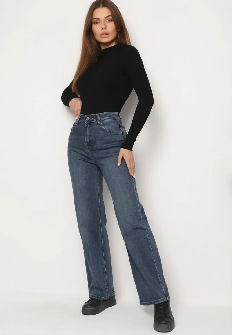 Jean coupe large bleu en coton et taille haute