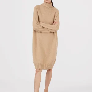 Women's Lambswool Roll Neck Dress in Light Camel
