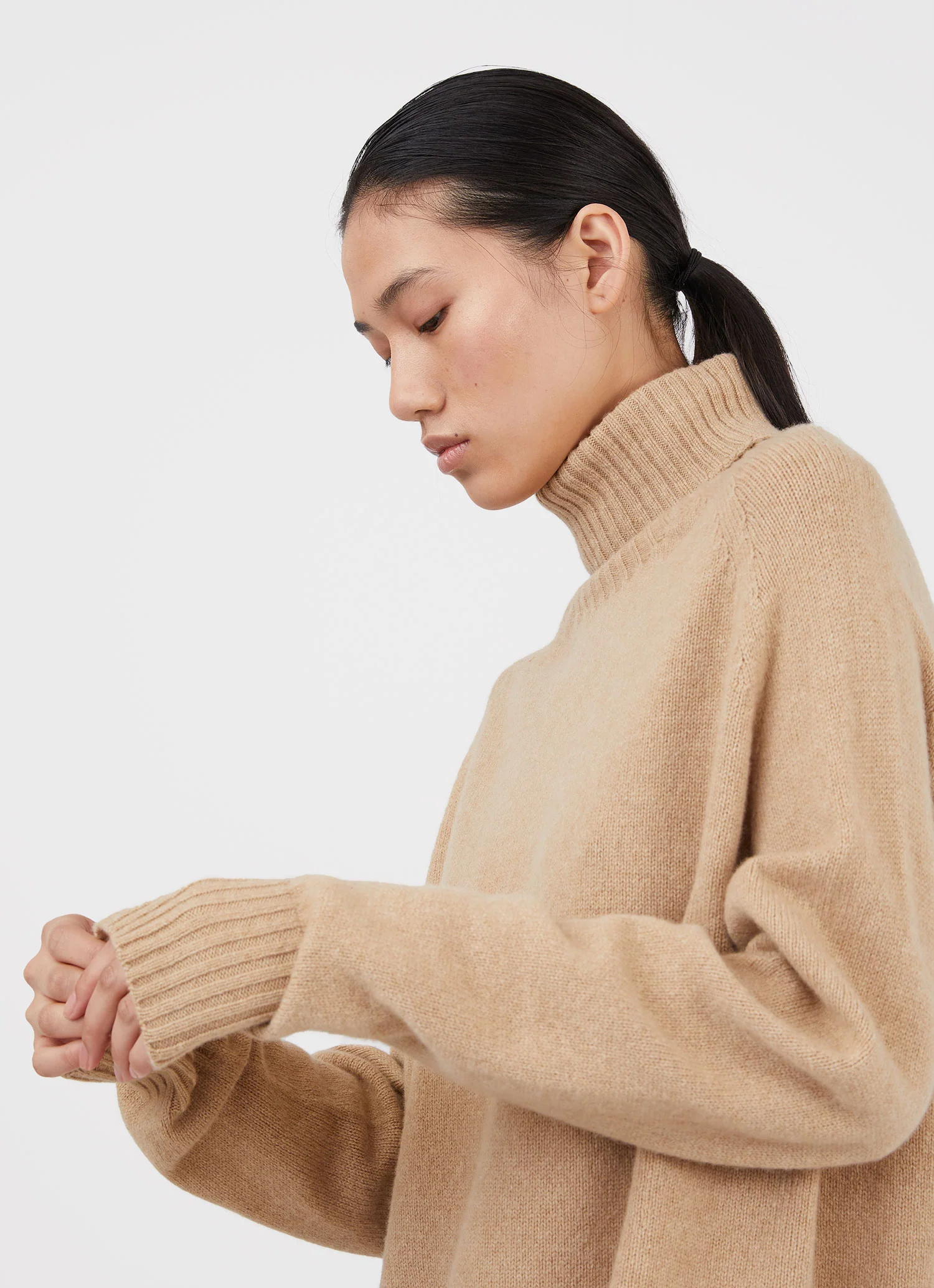 Women&rsquo;s Lambswool Roll Neck Dress in Light Camel