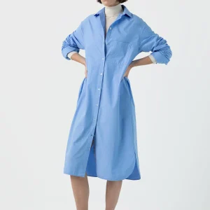 Women's Cotton Poplin Shirt Dress in Mid Blue