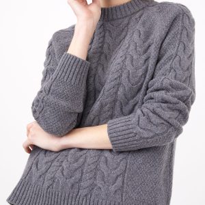 Women's Cable Crew Neck Jumper in Mid Grey Melange