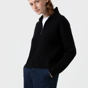 Women's Wool Cashmere Rib Zip Neck in Black