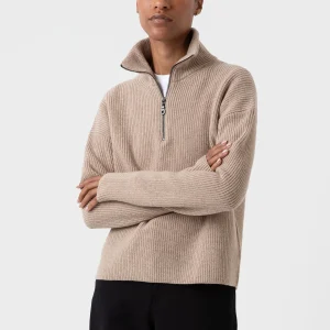 Women's Wool Cashmere Rib Zip Neck in Oatmeal Melange