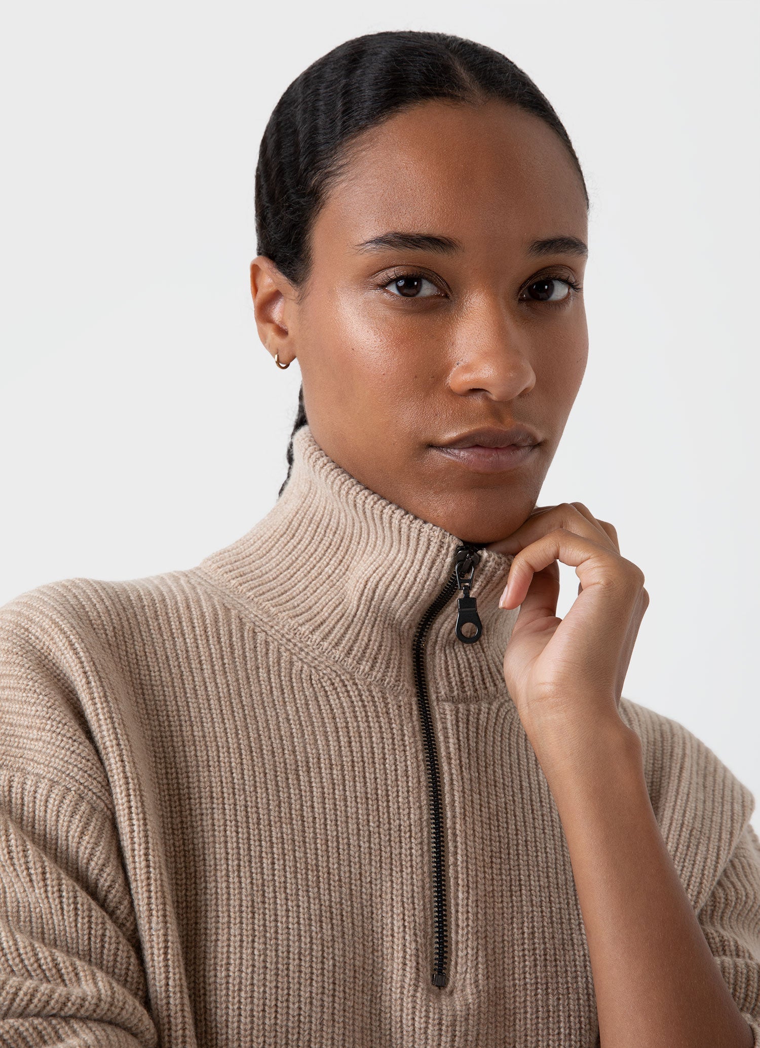 Women&rsquo;s Wool Cashmere Rib Zip Neck in Oatmeal Melange